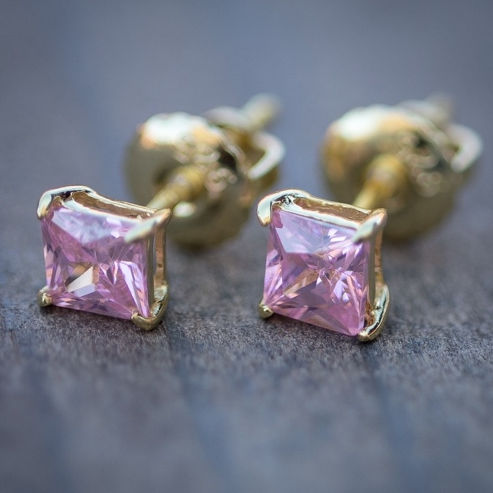 14k Gold Princess Cut Pink Diamond Earrings